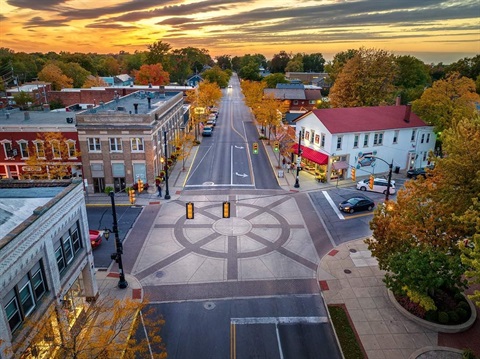 sky view of downtown vermilion leaves are turning colors cars on the street